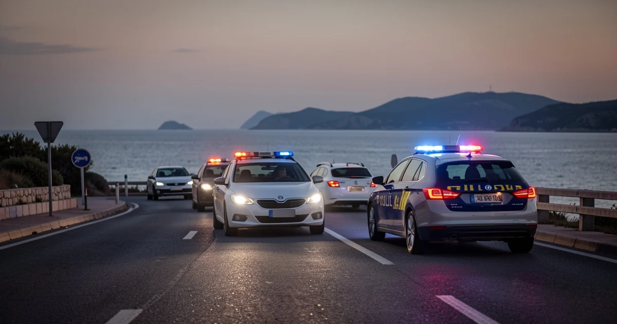 Police checkpoint on a coastal road at sunset, with stopped cars and the sea in the background.