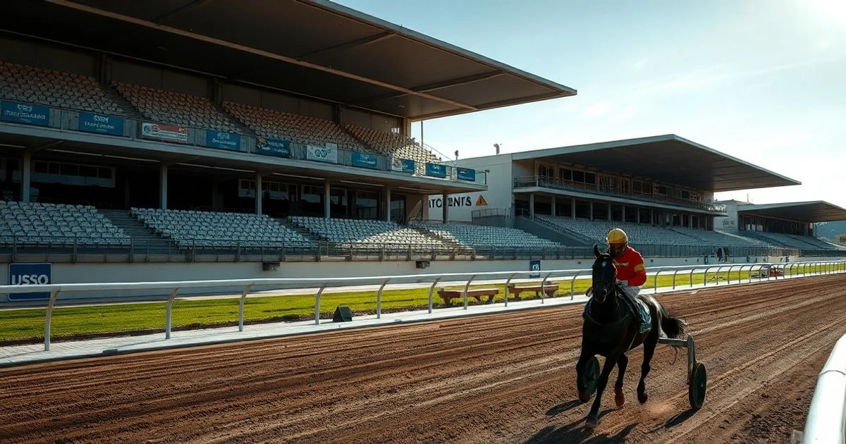 Sulky y caballo en la pista del Hipódromo de Manacor con gradas vacías al fondo
