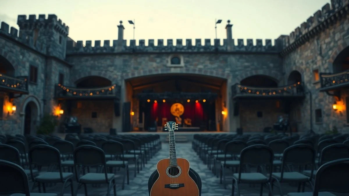 Imagen ilustrativa: patio de un castillo medieval con un escenario y sillas vacías preparadas para un concierto al atardecer.