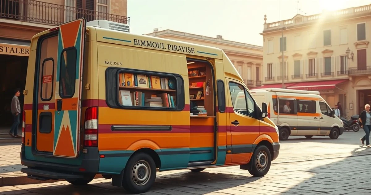 Bibliomóvil estacionado en el mercado del Port d'Andratx con libros visibles en su interior
