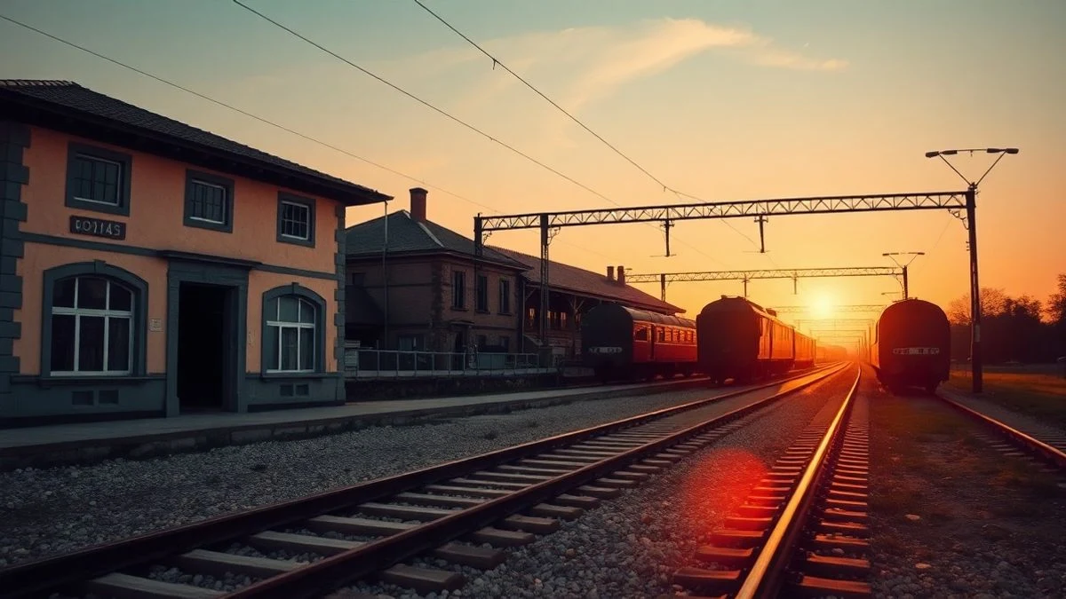 Estación de tren antigua al atardecer con vías y sombras largas