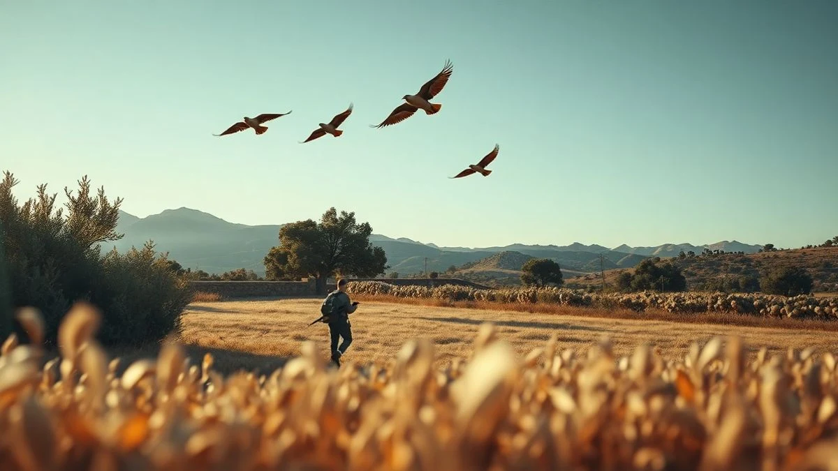 Imagen ilustrativa: un cazador solitario camina por un campo de Mallorca al amanecer, con palomas volando en el cielo.