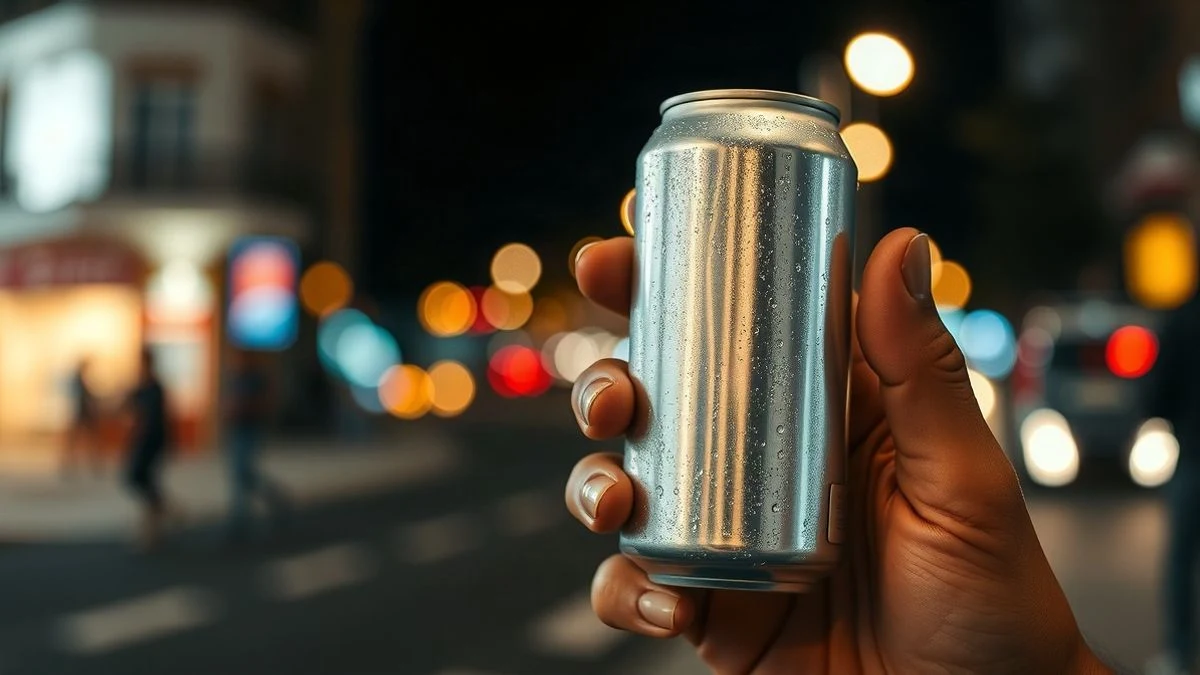 Imagen ilustrativa: una mano sosteniendo una lata de cerveza con el fondo de una calle urbana de noche desenfocada