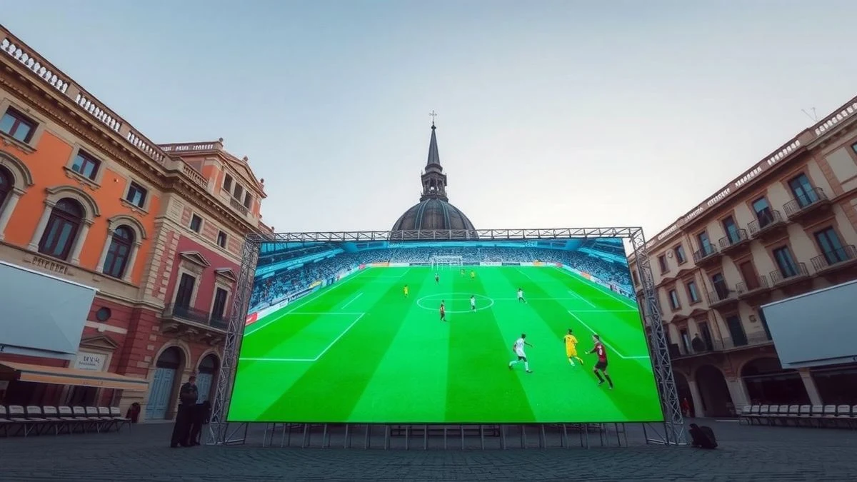 Plaza vacía con pantalla gigante y cielo de fondo en Manacor