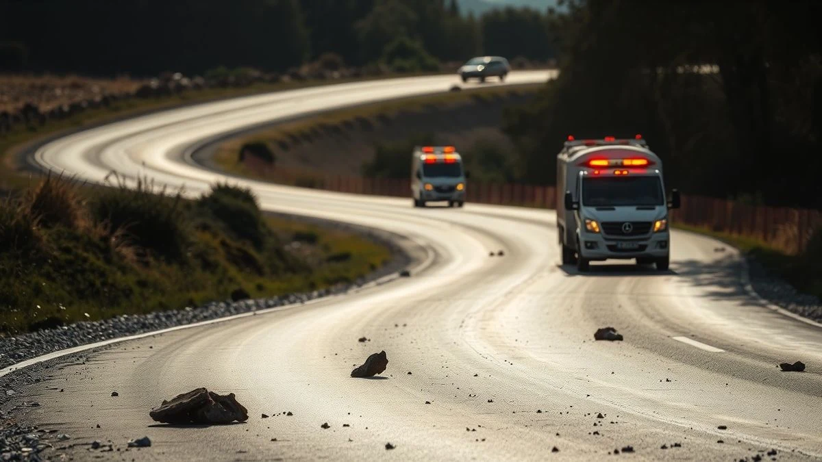 Carretera rural con curva, restos de vehículos en el asfalto y vehículos de emergencia con luces en la distancia.