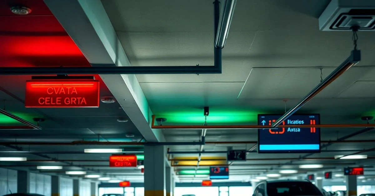 Interior de un aparcamiento con luces LED rojas y verdes sobre las plazas y un panel informativo digital.