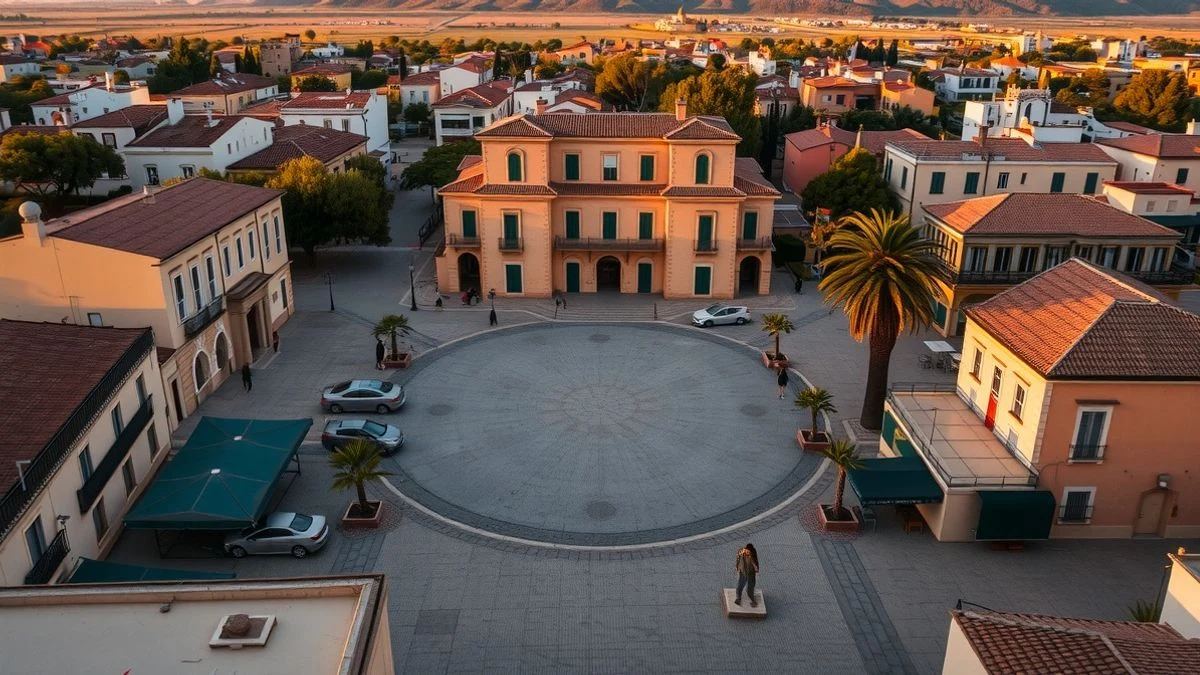 Vista aérea de la plaza de Sa Pobla con el ayuntamiento al fondo durante el atardecer