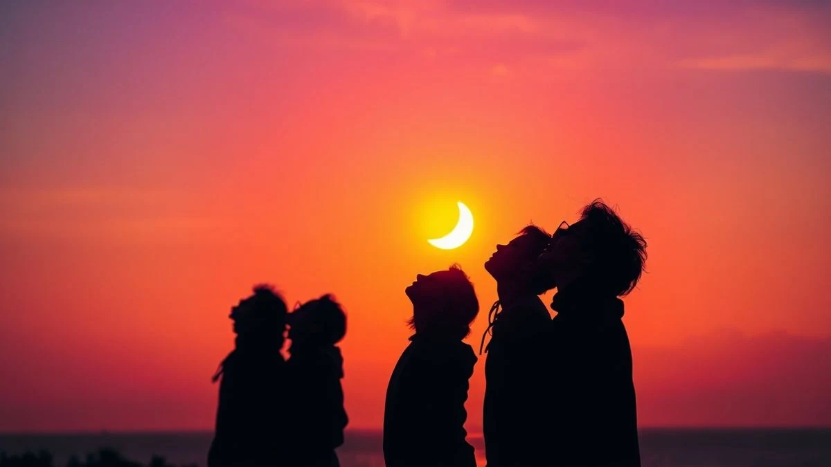 Imagen ilustrativa: multitud en una playa mirando al cielo durante un eclipse parcial al atardecer.