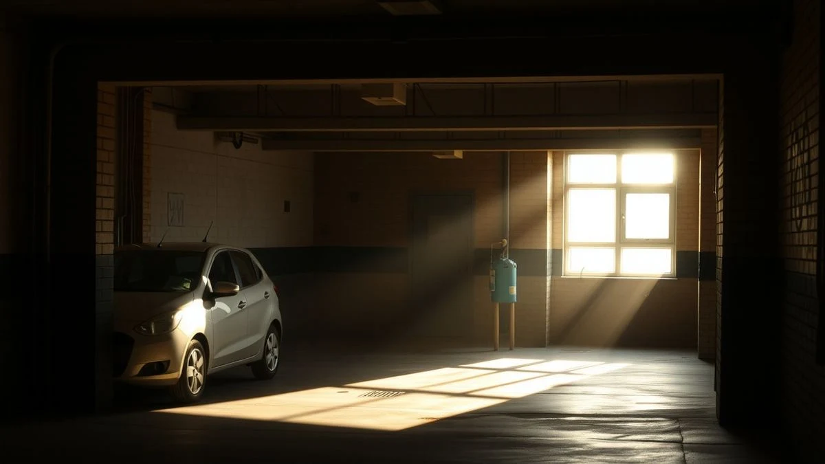 Imagen ilustrativa: interior de un aparcamiento con un coche con la puerta abierta y luz lateral de ventana