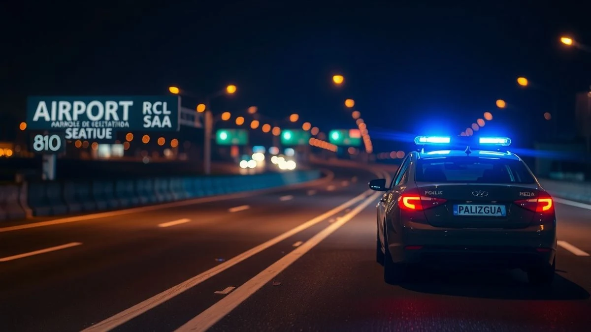 Coche de la Policía Nacional en la autopista de noche, con luces azules, cerca del aeropuerto de Palma