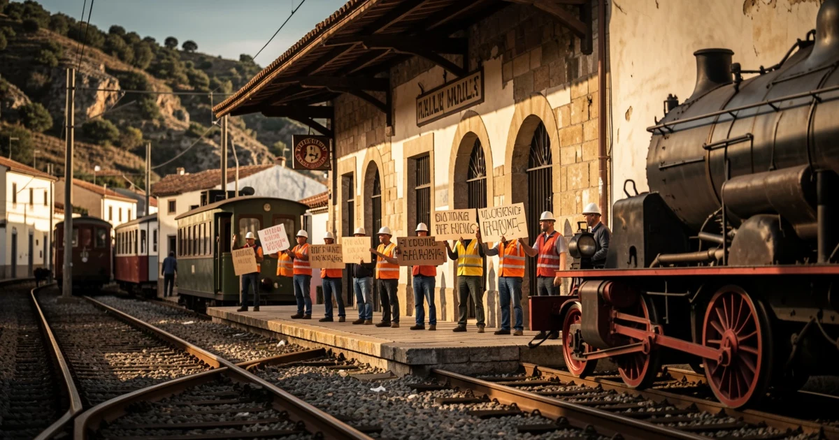 Estación de tren de Sóller con trabajadores protestando de fondo