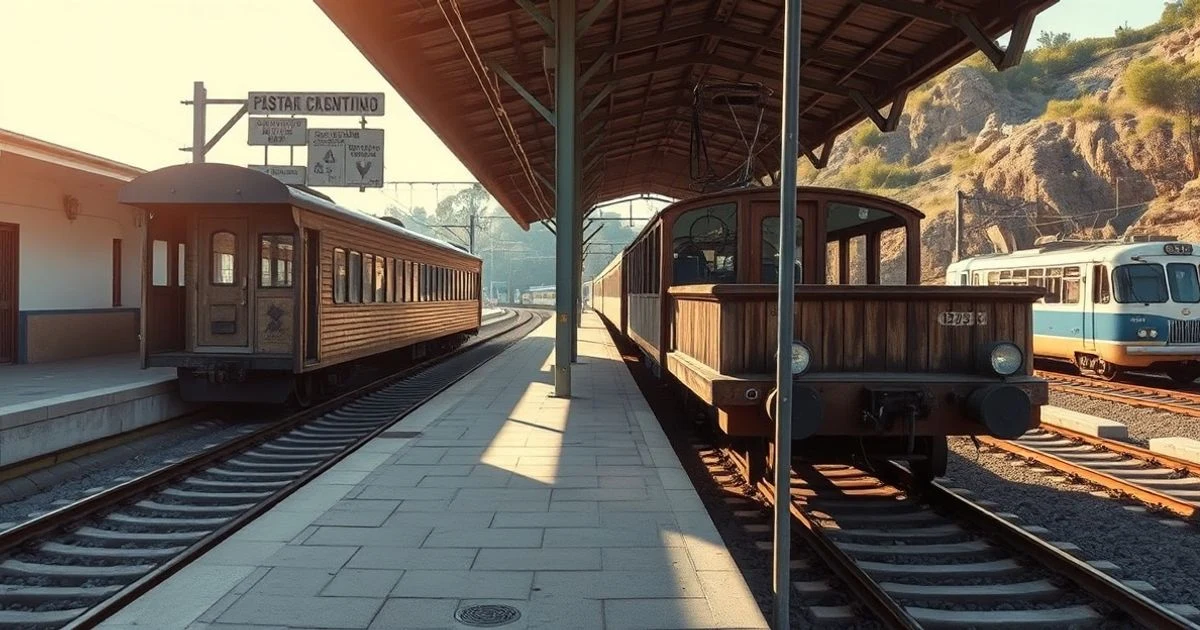 Estación del Tren de Sóller vacía con un vagón antiguo en la vía