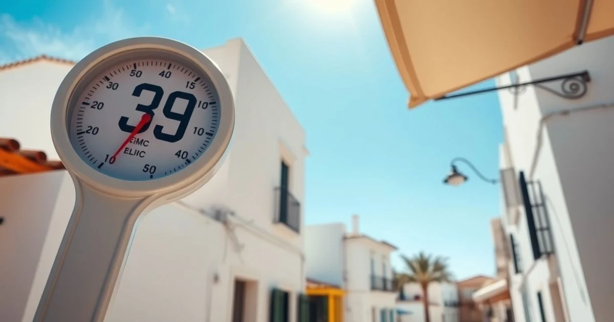 Termómetro marcando 39 grados en una calle de Manacor con edificios blancos y cielo azul