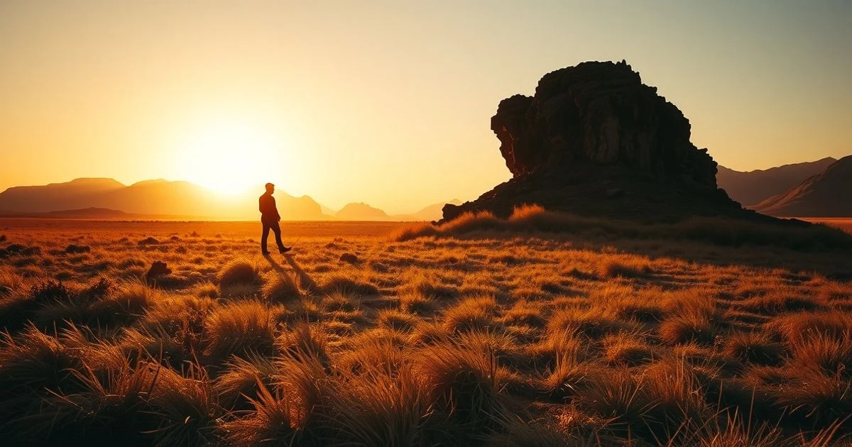 Silueta de un gran jabalí al atardecer en la estepa turca, con montañas al fondo