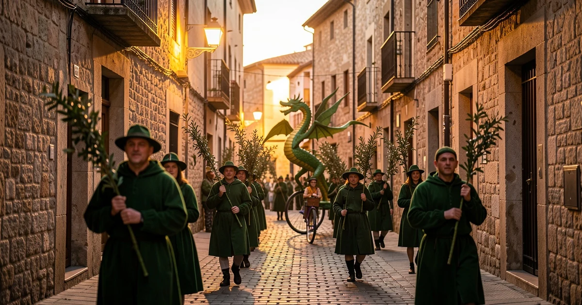 Pasacalles festivo con vecinos vestidos de verde y ramas en una calle estrecha de Palma al atardecer