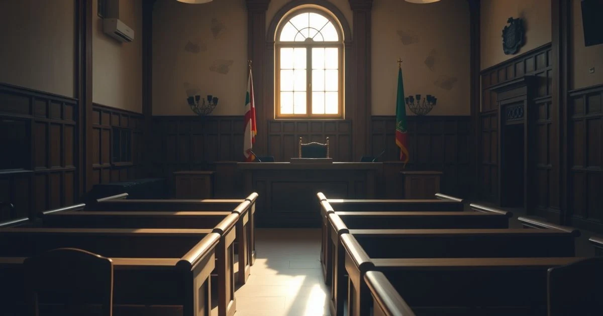 Sala de tribunal vacía en Palma con luz natural dramática