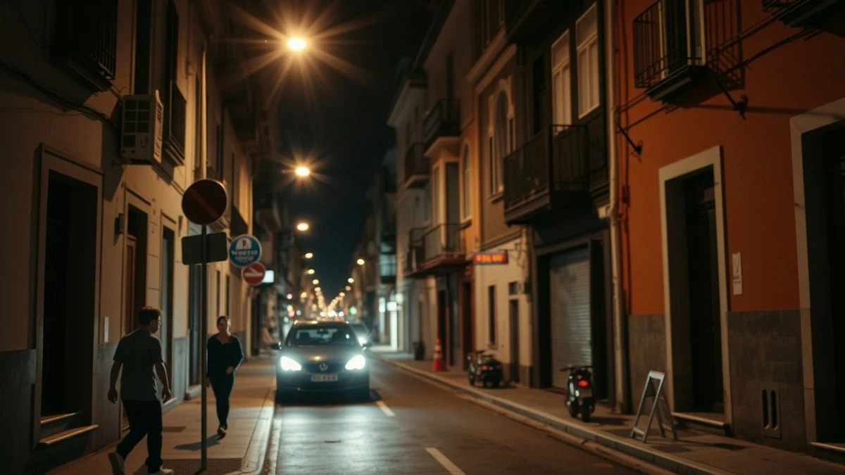 Calle nocturna con farola y ratas junto a un contenedor de basura