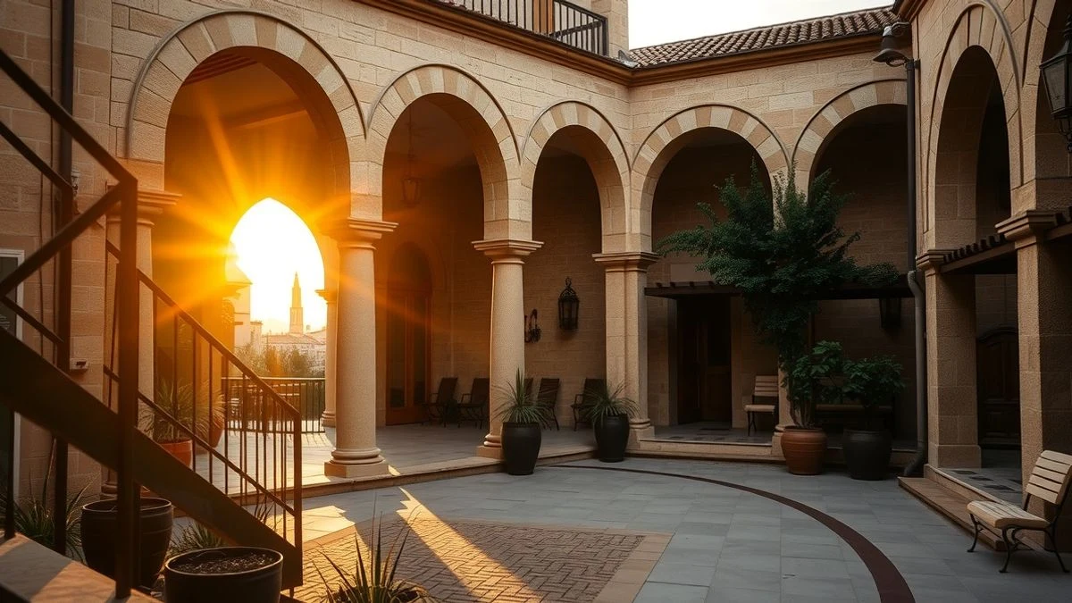 Imagen ilustrativa: un patio interior de un edificio tradicional mallorquín al atardecer, con sombras largas y luz dorada.