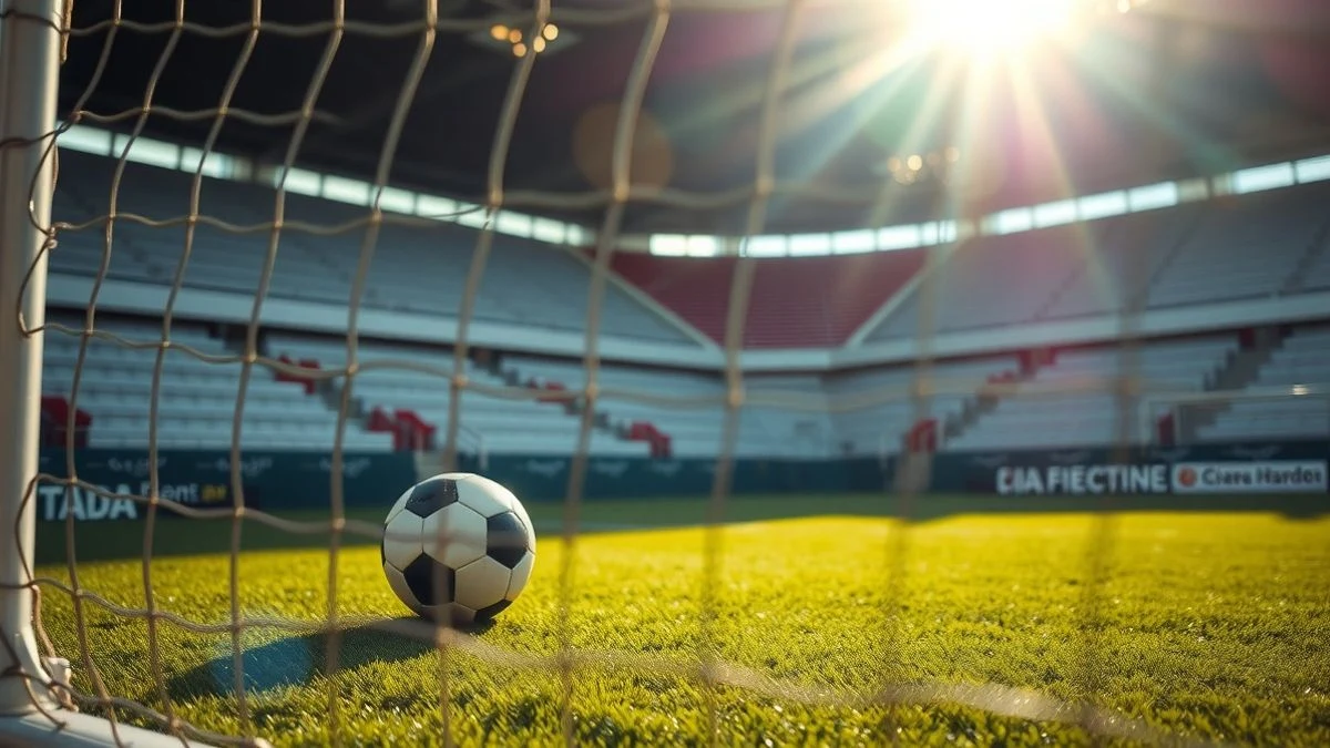 Primer plano de una portería de fútbol con un balón en el área de penalti, luz de sol filtrándose por la red