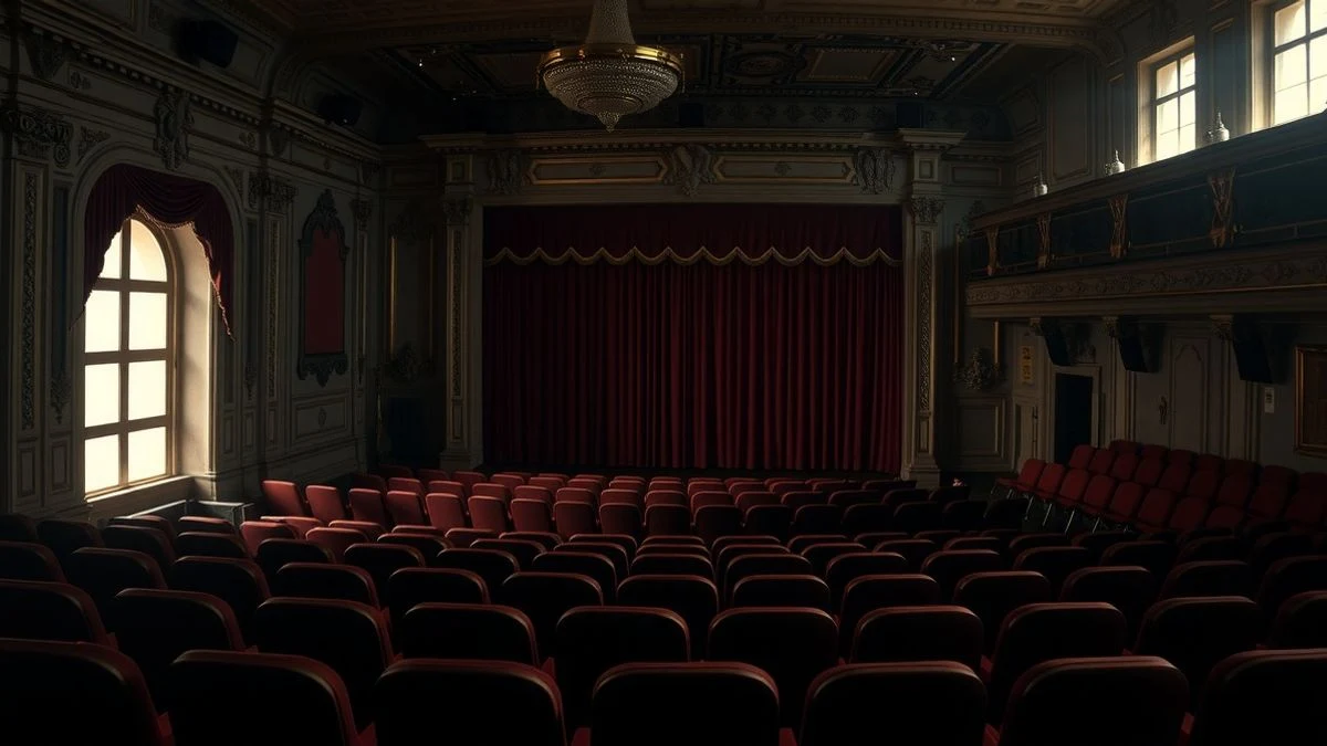 Imagen ilustrativa: interior de un teatro histórico vacío con butacas de terciopelo rojo y escenario con telón cerrado, iluminado por luz lateral de ventana.
