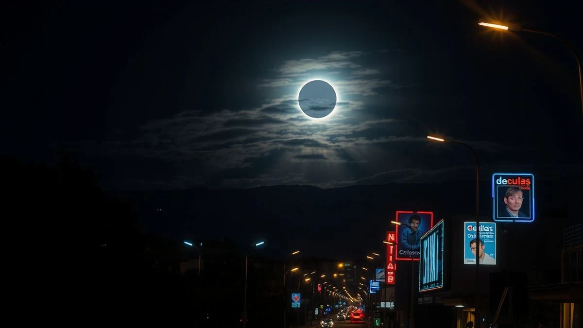 Calle de Palma de Mallorca iluminada por farolas durante un eclipse solar total, con el cielo oscurecido y algunas siluetas mirando hacia arriba