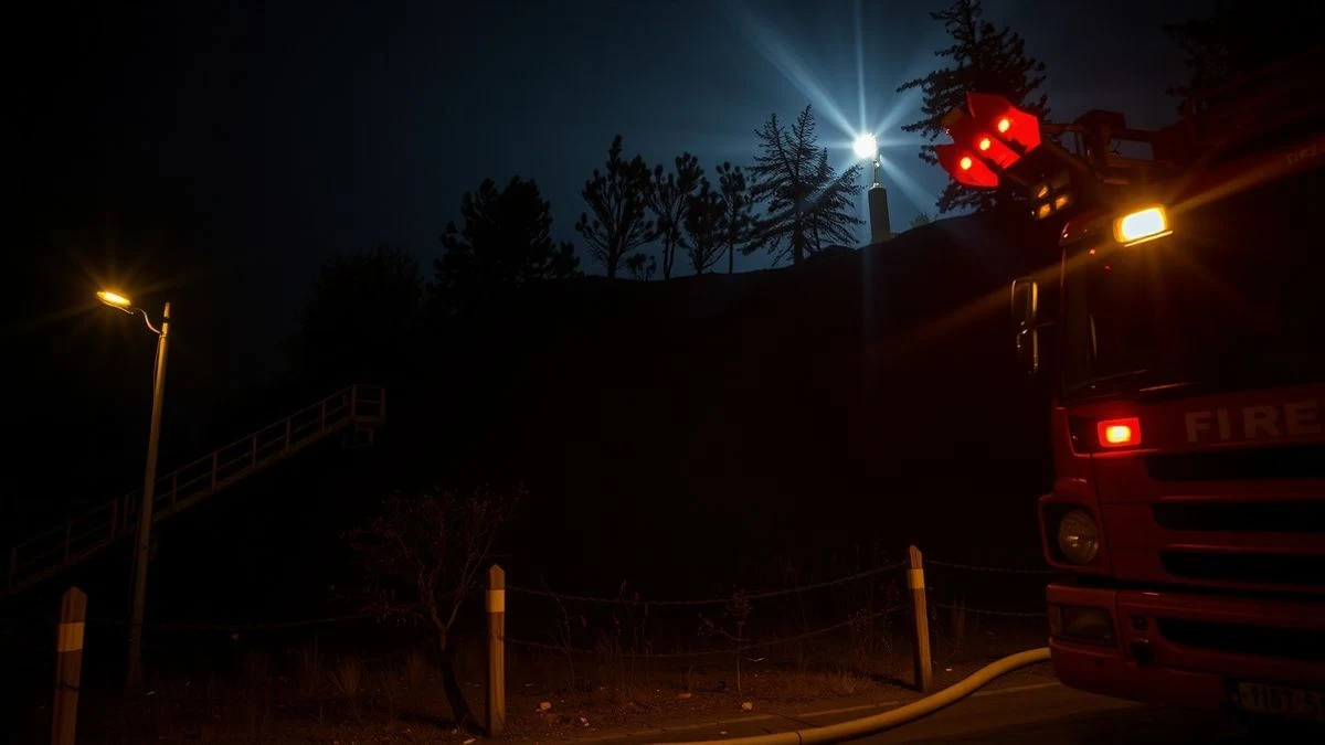 Vista nocturna de una ladera quemada con restos de vegetación calcinada y luces de vehículos de emergencia