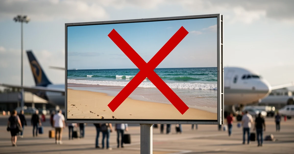 Advertising poster at an airport with a beach crossed out in red, symbolising rejection of excess tourism