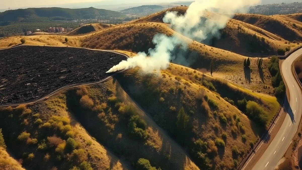 Imagen ilustrativa: vista aérea de una ladera con vegetación quemada y una columna de humo ligera, en un entorno mediterráneo al atardecer.