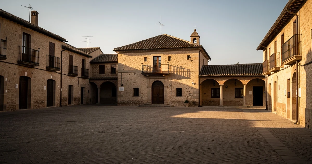 Fachada del ayuntamiento de Llucmajor al atardecer, con la plaza vacía y sombras largas