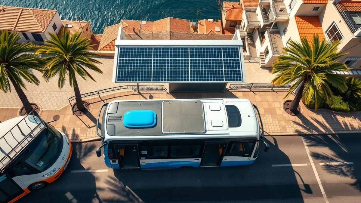 Vista cenital de un autobús articulado azul y blanco en una parada solar en Calvià, con palmeras y edificios mediterráneos al fondo