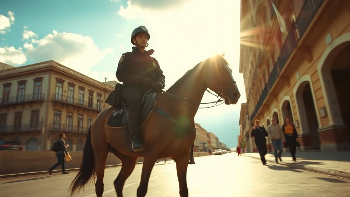Imagen ilustrativa: un agente de policía montado a caballo patrulla una calle peatonal, con cielo de fondo y luz de atardecer.