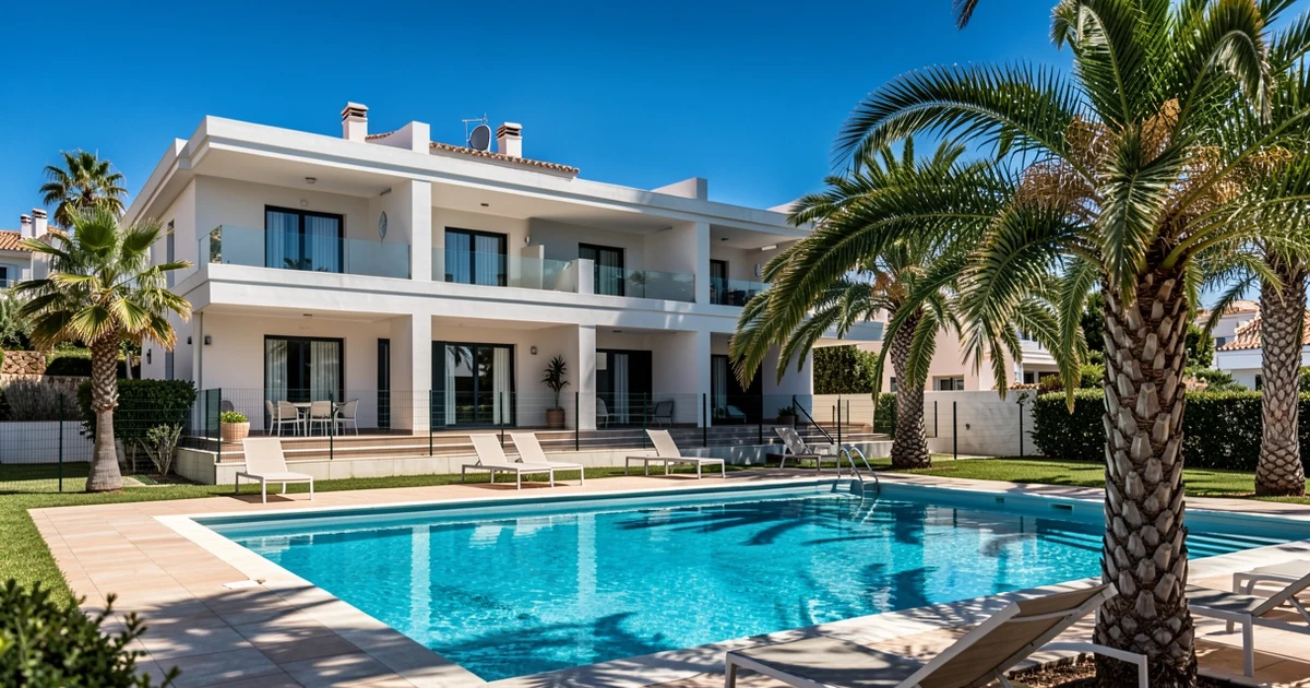 Edificio residencial moderno con piscina y palmeras en Santa Ponsa, Mallorca