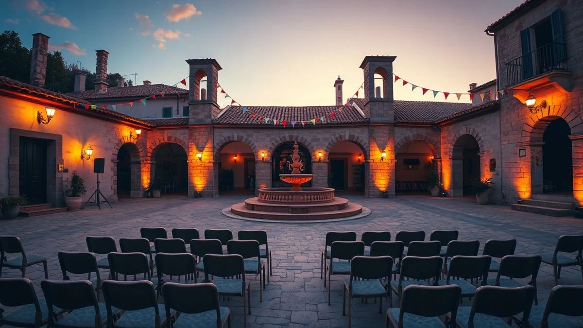 Imagen ilustrativa: plaza de pueblo engalanada para una celebración, con sillas vacías y luces al atardecer