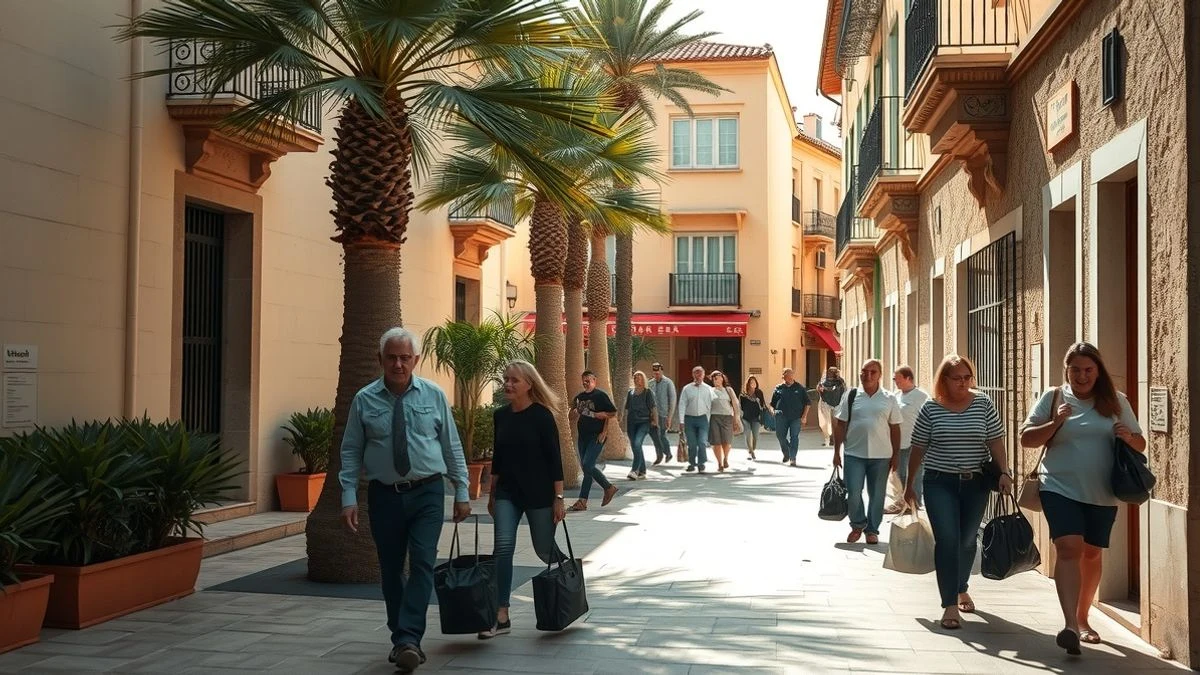 Cola de personas frente al comedor social Zaqueo en Palma, con el edificio de fondo y luz natural.