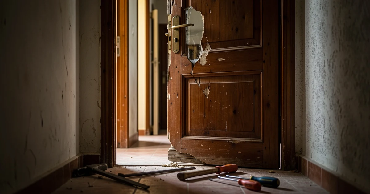 Puerta de vivienda con marco fracturado y cerradura nueva en el suelo, junto a herramientas de forzamiento, en un pasillo de edificio residencial en Palma.