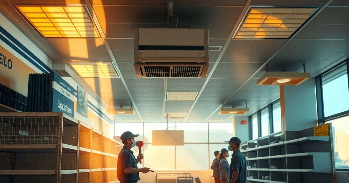 Interior de una tienda duty-free con luz cálida y un aire acondicionado averiado en el techo