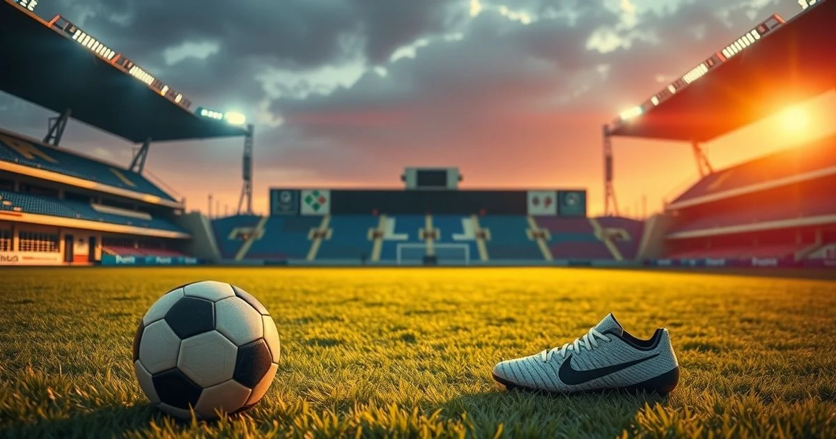 Balón de fútbol y botas sobre el césped de un estadio vacío al atardecer