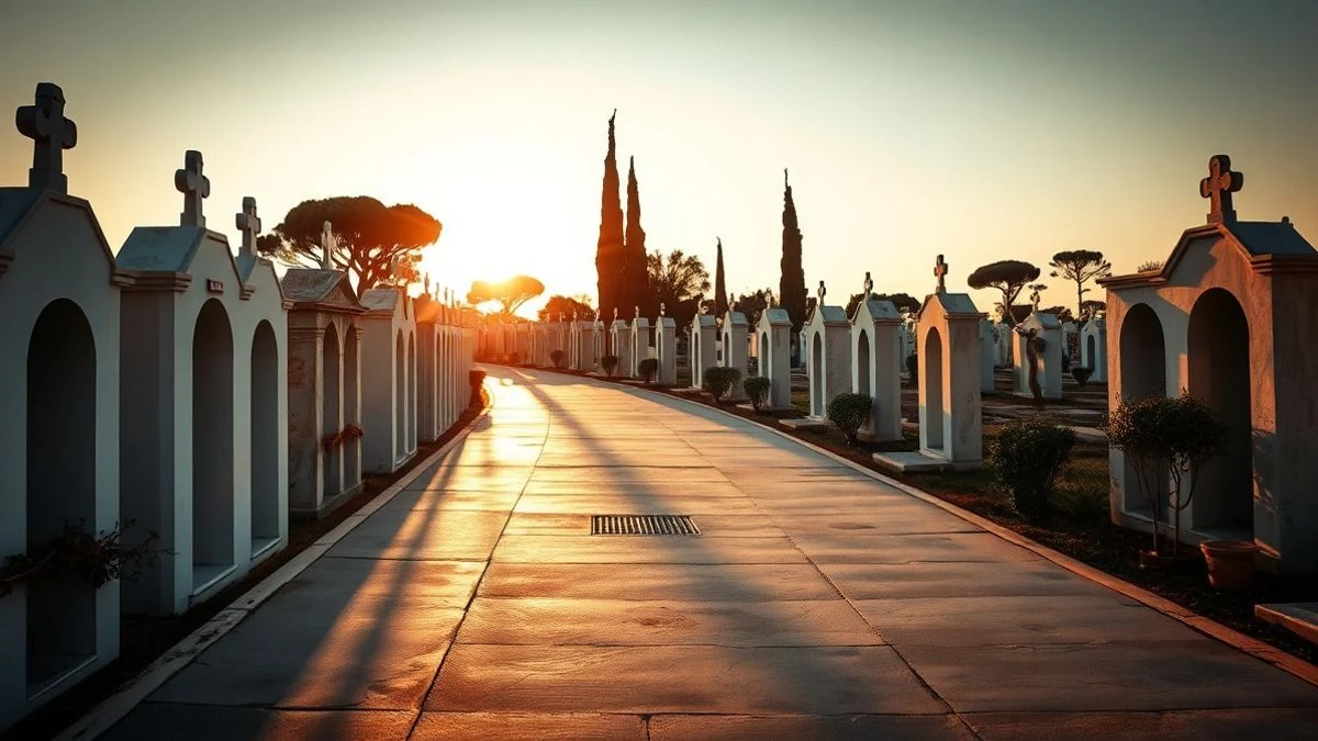 Imagen ilustrativa: pasillo de un cementerio con nichos al atardecer y sombras alargadas