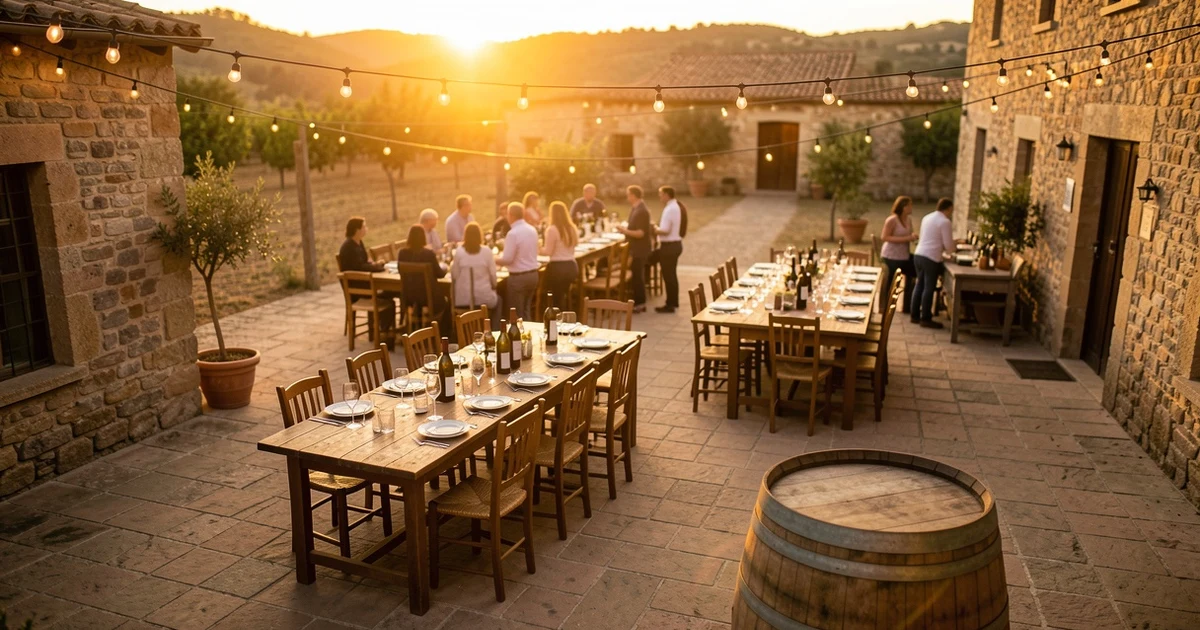Aerial view of a rustic winery patio at sunset with wooden tables, wine bottles, and string lights
