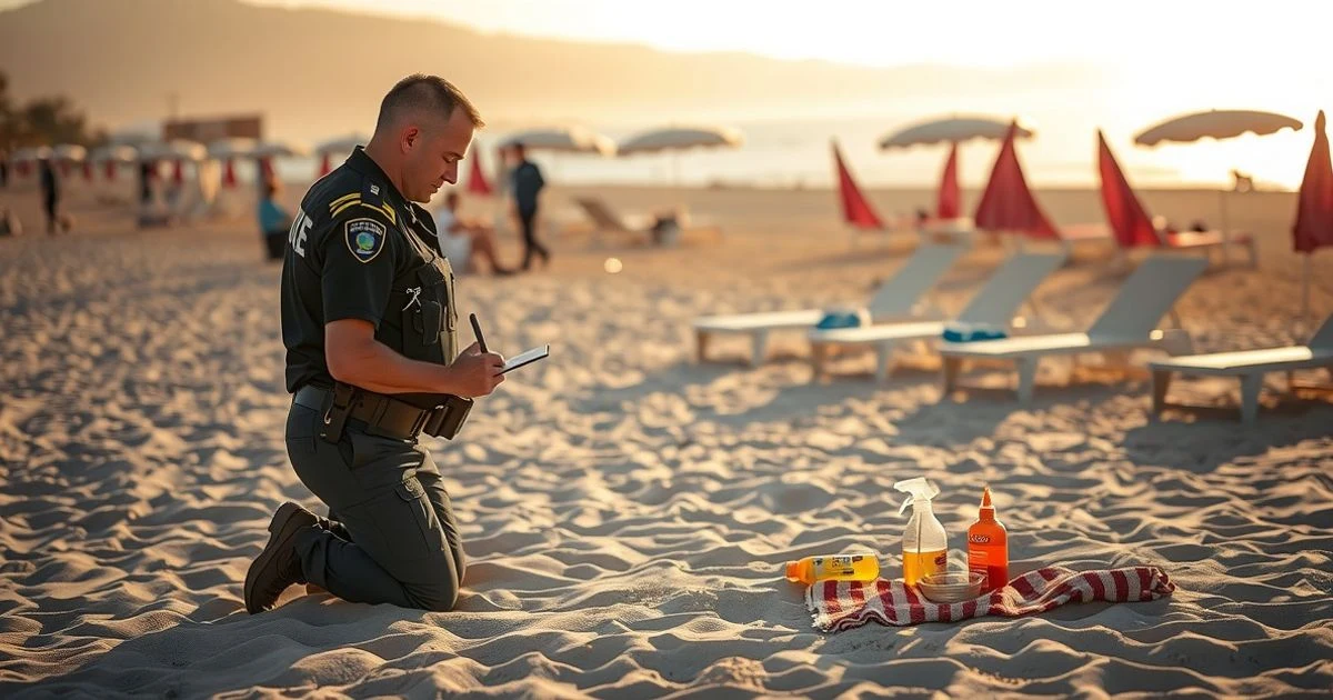 Policía Local en la playa de Palma junto a toalla y aceites de masaje intervenidos