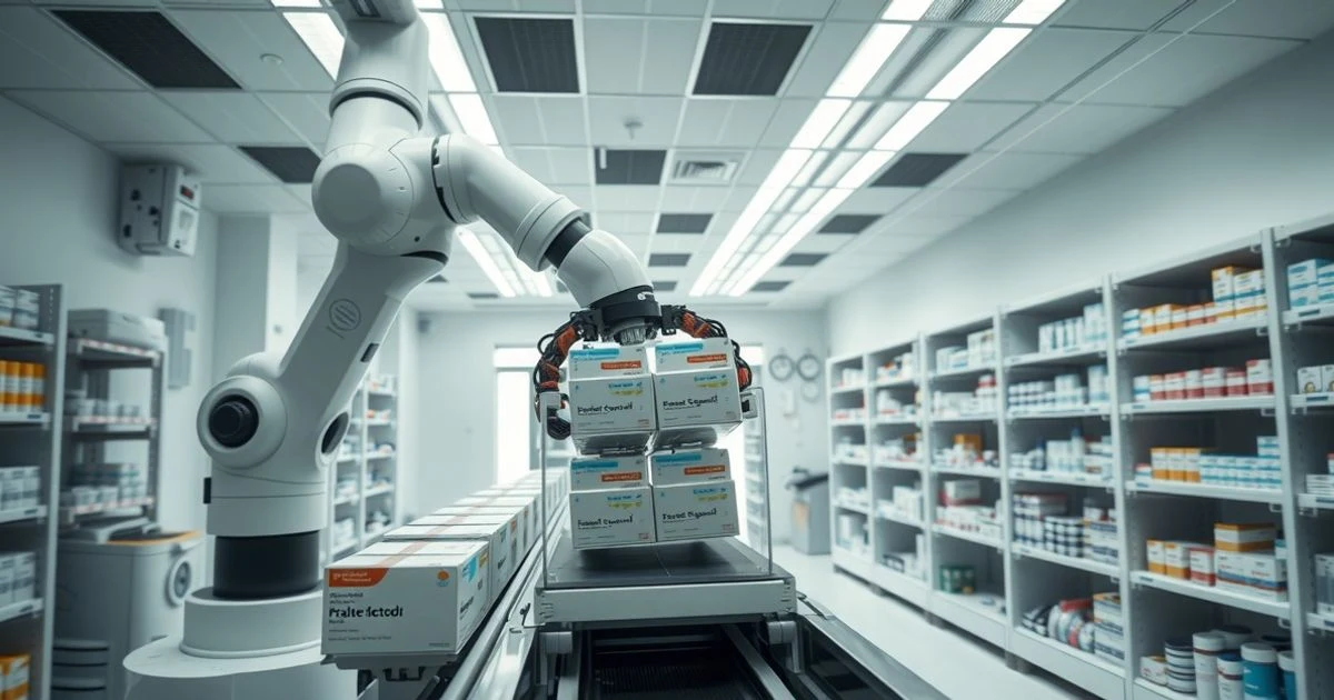 Interior de una farmacia hospitalaria con un brazo robótico y estanterías de medicamentos automatizadas