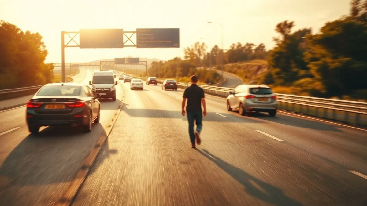 Imagen ilustrativa: una autovía con varios carriles y un peatón de espaldas caminando junto al carril rápido, con coches pasando a gran velocidad.