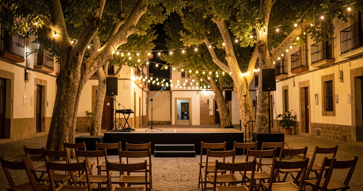 Empty stage with coloured lights in a square in Binissalem during the Nits a la Fresca