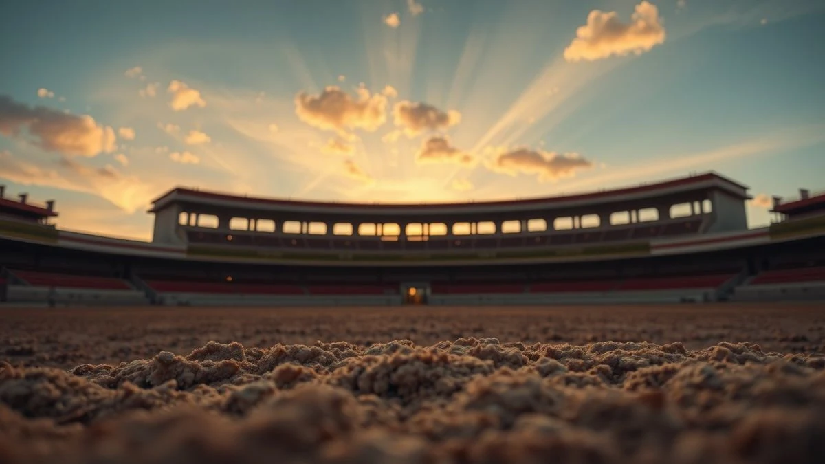 Imagen ilustrativa: vista a ras de suelo del ruedo vacío de una plaza de toros al atardecer, con el cielo de fondo