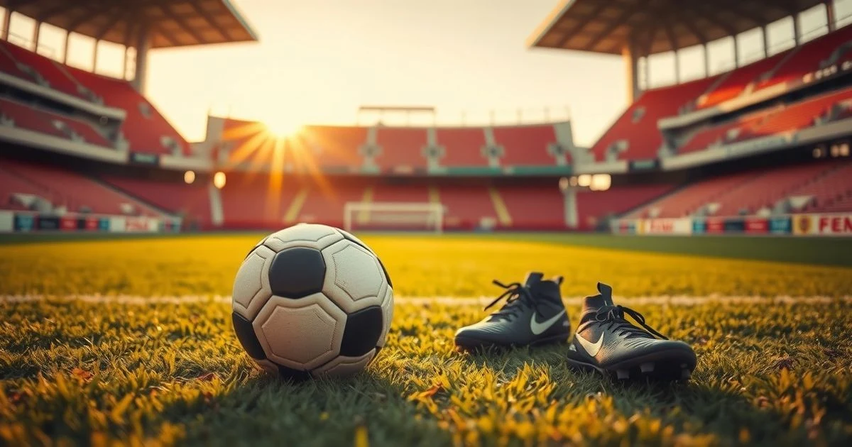 Botas de fútbol y balón sobre el césped de un estadio vacío al atardecer