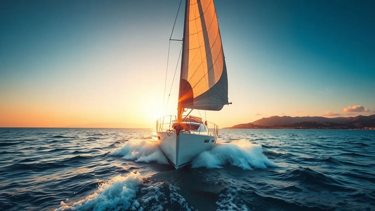 Imagen ilustrativa: un velero blanco navegando a toda vela sobre el mar en un atardecer, con la costa de Palma de fondo desenfocada