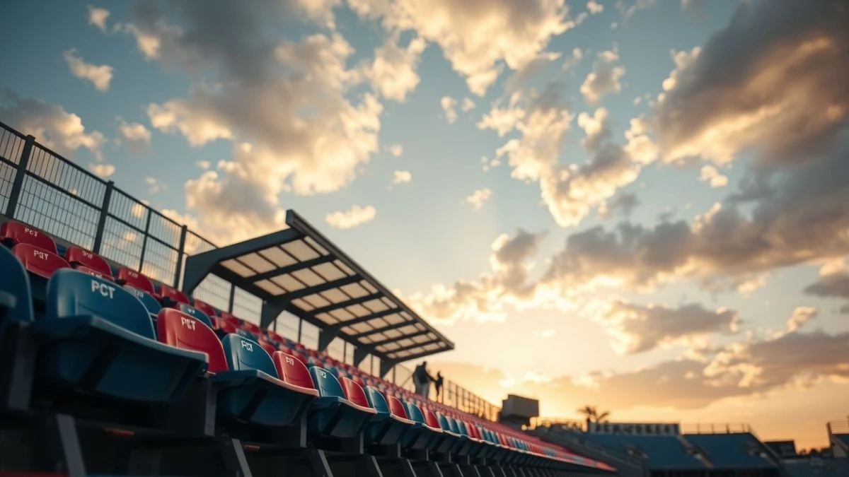 Grada de un campo de fútbol con nuevos asientos de plástico rojo y azul, vista desde el césped con cielo de fondo
