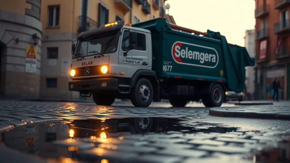 Imagen ilustrativa: un camión de basura sobre un callejón empedrado al atardecer, con reflejos en un charco