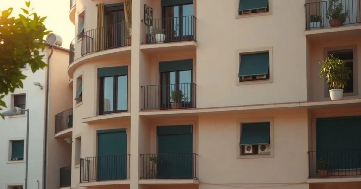 Edificio residencial de tres plantas en Manacor, con balcones y plantas, iluminado por la luz del atardecer