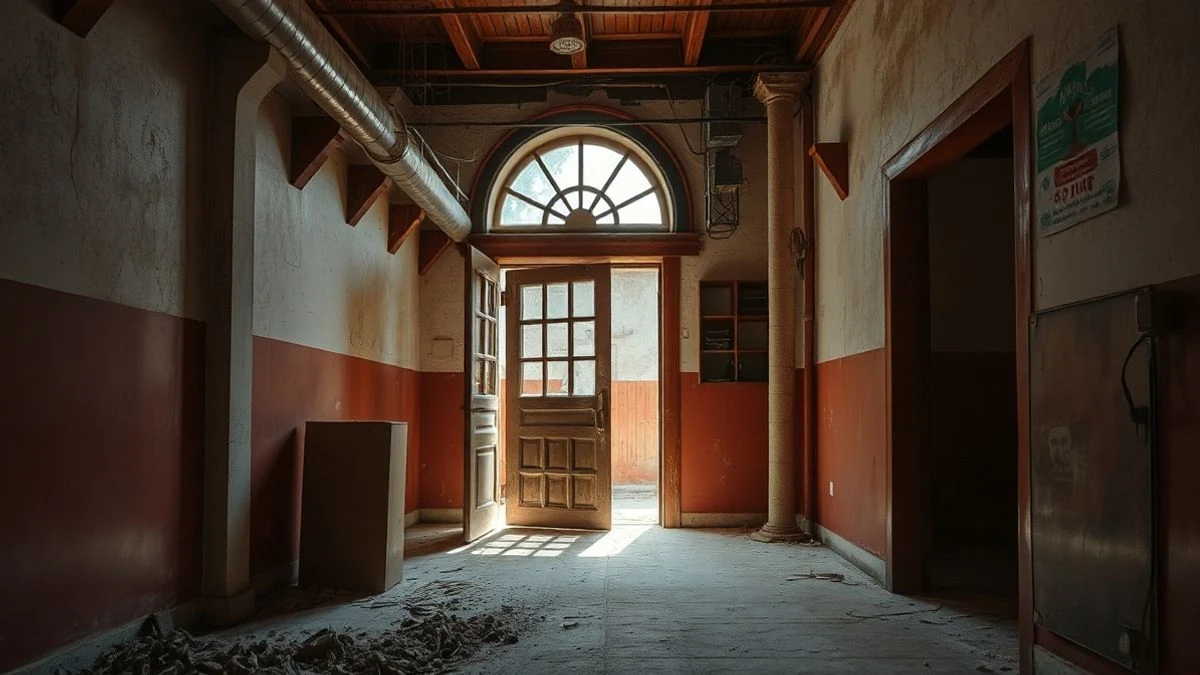 Imagen ilustrativa: interior de un local abandonado con luz lateral y maderas en la entrada